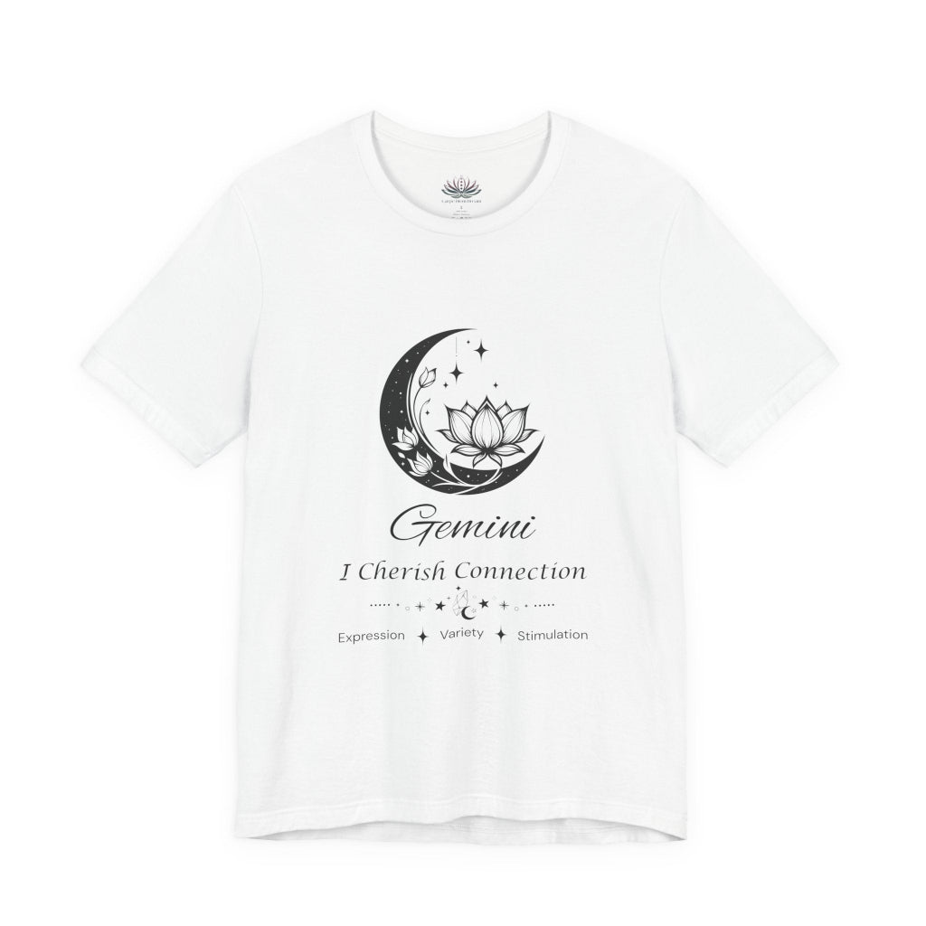White Gemini Moon I Cherish Connection zodiac T-shirt with black moon-inspired lotus, floral, and celestial artwork, shown in a flat front supplier mockup. — for Carpe Diem Dream