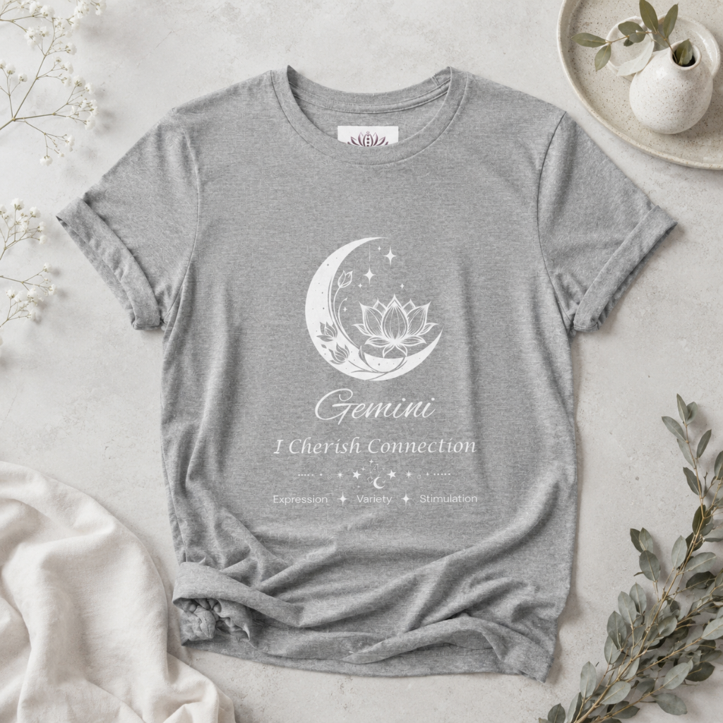 Gemini Moon I Cherish Connection zodiac T-shirt in Athletic Heather with white moon-inspired lotus, floral, and celestial artwork and Expression, Variety, Stimulation text, styled in a cool-toned studio botanical flat lay. — for Carpe Diem Dream