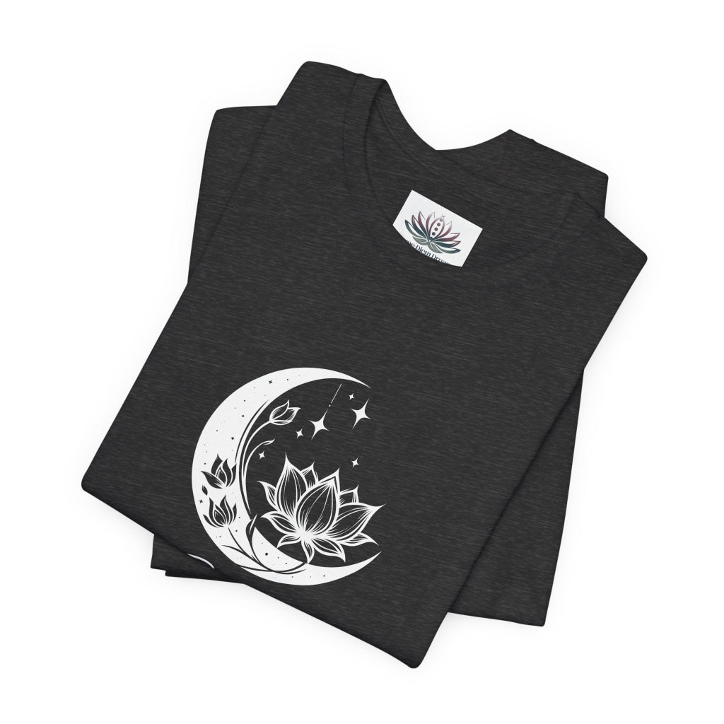 Gemini Moon I Cherish Connection zodiac T-shirt in Dark Grey Heather with white moon-inspired lotus, floral, and celestial artwork, shown folded in a supplier mockup. — for Carpe Diem Dream