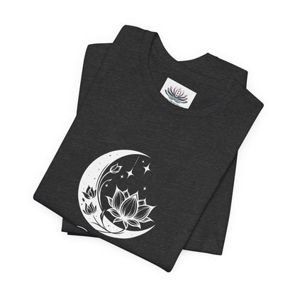 Gemini Moon I Cherish Connection zodiac T-shirt in Dark Grey Heather with white moon-inspired lotus, floral, and celestial artwork, shown folded in a supplier mockup. — for Carpe Diem Dream