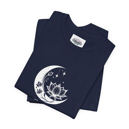 Gemini Moon I Cherish Connection zodiac T-shirt in navy with white moon-inspired lotus, floral, and celestial artwork, shown folded in a supplier mockup. — for Carpe Diem Dream