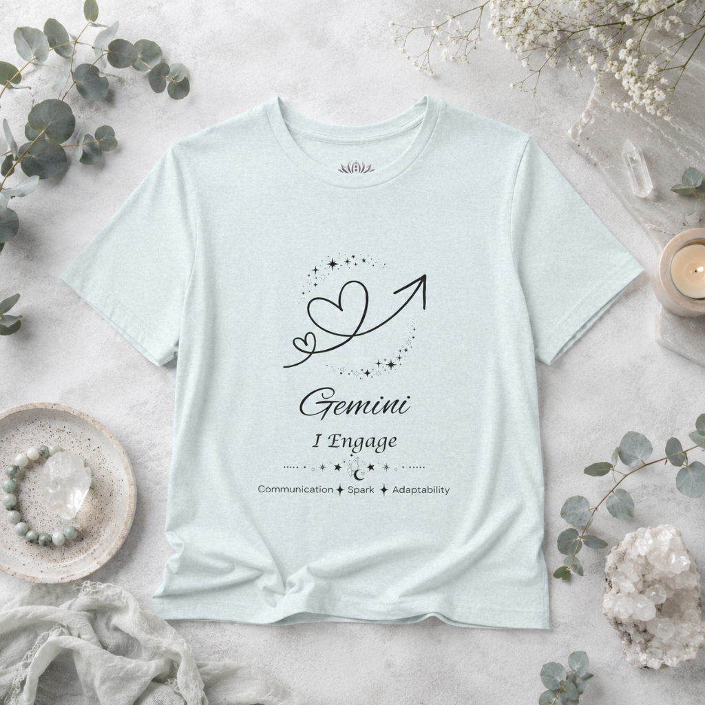 Gemini Rising I Engage zodiac T-shirt in Heather Ice Blue with black celestial heart and arrow artwork and Communication, Spark, Adaptability text, styled in a cool-toned studio botanical flat lay. — for Carpe Diem Dream
