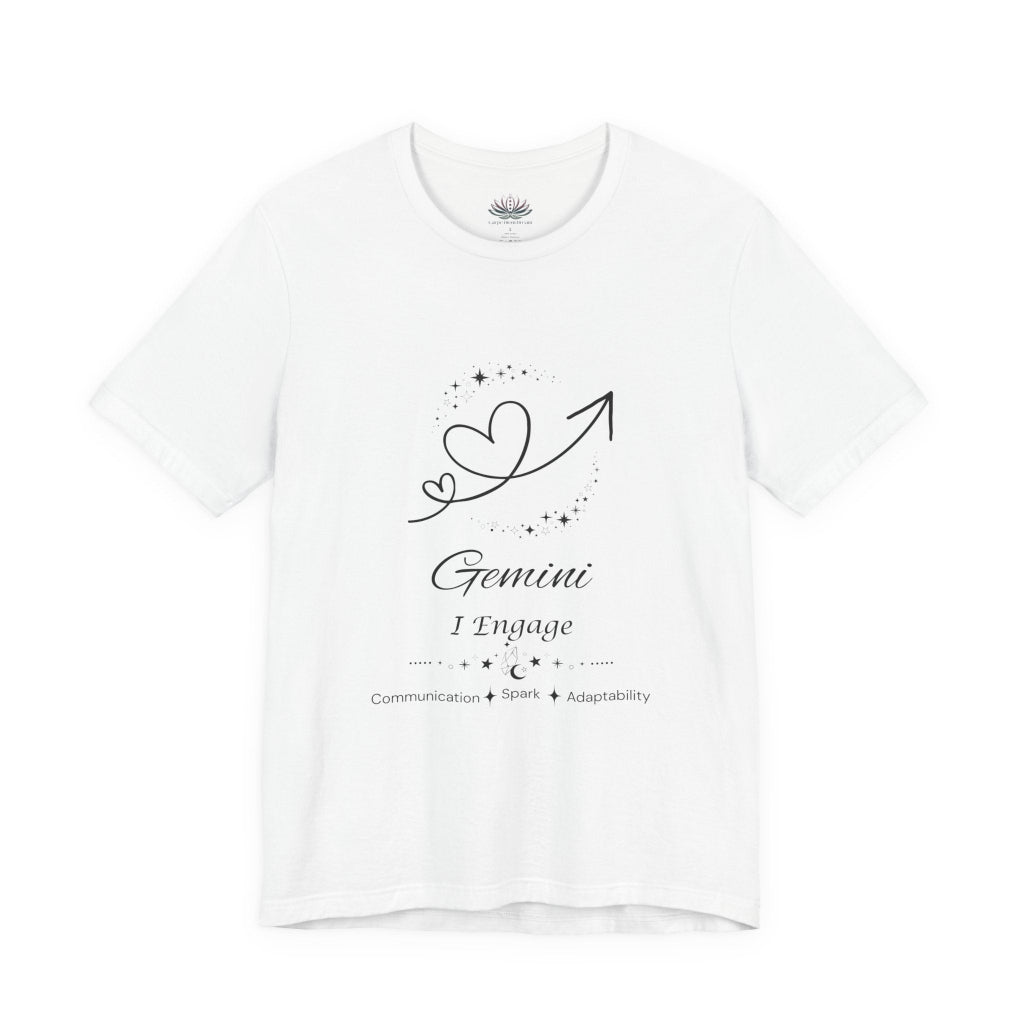 White Gemini Rising I Engage zodiac T-shirt with black celestial heart and arrow artwork, shown in a flat supplier mockup. — for Carpe Diem Dream