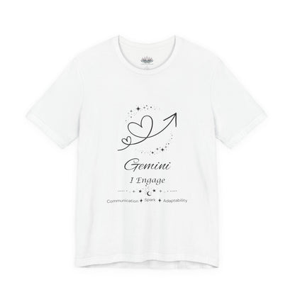 White Gemini Rising I Engage zodiac T-shirt with black celestial heart and arrow artwork, shown in a flat supplier mockup. — for Carpe Diem Dream