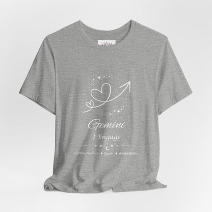 Gemini Rising I Engage zodiac T-shirt in Athletic Heather with white celestial heart and arrow artwork and Communication, Spark, Adaptability text, shown in a front supplier mockup. — for Carpe Diem Dream