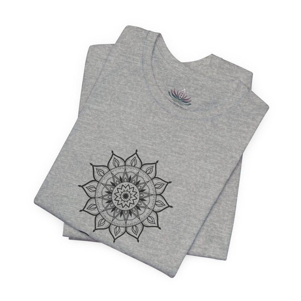 Gemini Sun I Think zodiac T-shirt in athletic heather with black sun-inspired mandala artwork, shown folded with Carpe Diem Dream neck label in a supplier mockup. — for Carpe Diem Dream