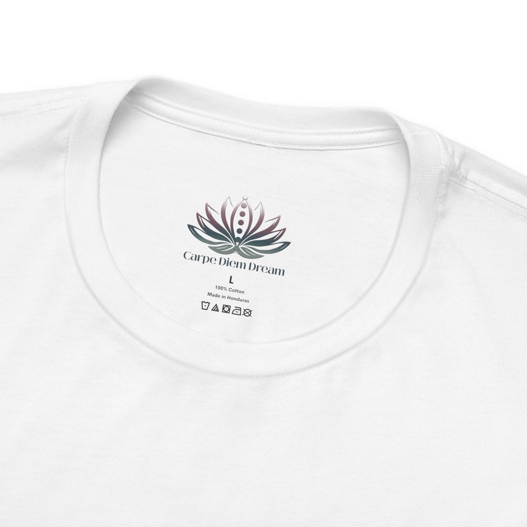 Gemini Sun I Think zodiac T-shirt in white with close-up view of the custom Carpe Diem Dream inner neck label in a supplier mockup. — for Carpe Diem Dream