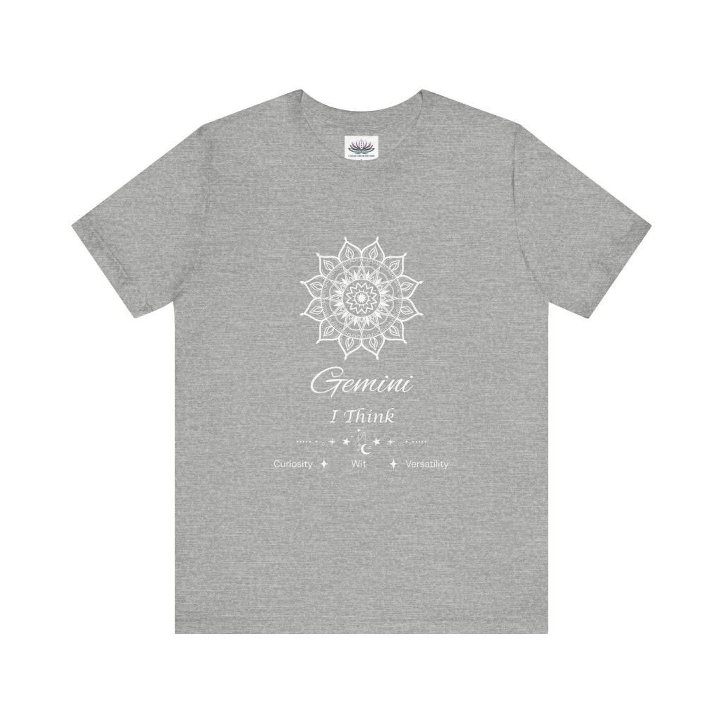 Gemini Sun I Think zodiac T-shirt in athletic heather with white sun-inspired mandala artwork and Curiosity, Wit, Versatility text, shown flat in a supplier mockup. — for Carpe Diem Dream