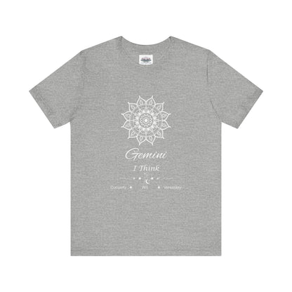 Gemini Sun I Think zodiac T-shirt in athletic heather with white sun-inspired mandala artwork and Curiosity, Wit, Versatility text, shown flat in a supplier mockup. — for Carpe Diem Dream