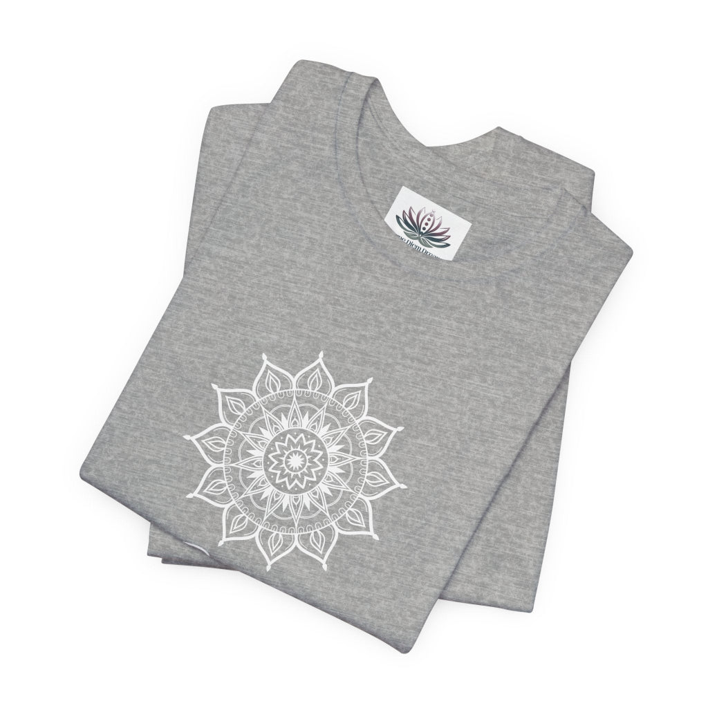 Gemini Sun I Think zodiac T-shirt in athletic heather with white sun-inspired mandala artwork, shown folded with Carpe Diem Dream neck label in a supplier mockup. — for Carpe Diem Dream
