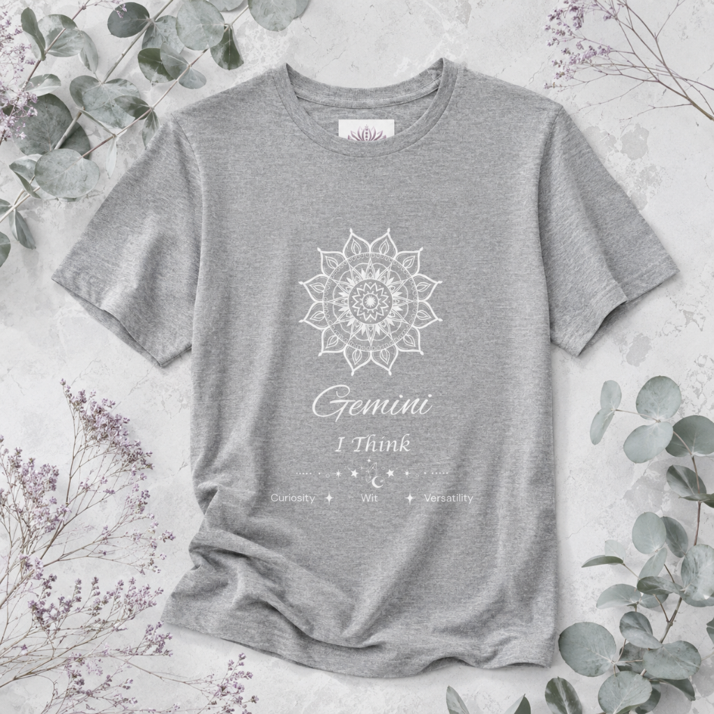 Gemini Sun I Think zodiac T-shirt in athletic heather with white sun-inspired mandala artwork and Curiosity, Wit, Versatility text, styled in a cool-toned studio botanical flat lay. — for Carpe Diem Dream