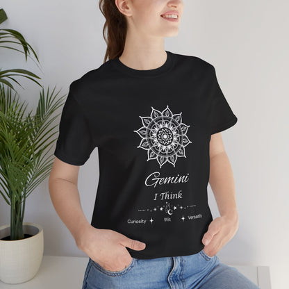 Gemini Sun I Think zodiac T-shirt in black with white sun-inspired mandala artwork, shown worn by a model in a supplier mockup. — for Carpe Diem Dream