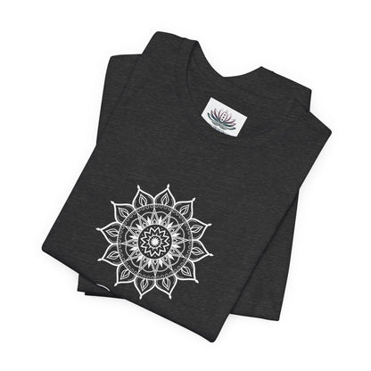 Gemini Sun I Think zodiac T-shirt in dark gray heather with white sun-inspired mandala artwork, shown folded with Carpe Diem Dream neck label in a supplier mockup. — for Carpe Diem Dream