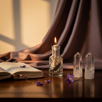 A Gemini zodiac oil candle in a clear glass vessel with embedded botanicals is styled on a wooden table beside an open book, crystal points, and scattered violet petals with soft draped fabric in warm natural light. — for Carpe Diem Dream