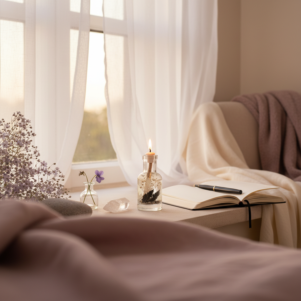 A Gemini zodiac oil candle in a clear glass vessel with embedded botanicals burns beside an open journal, crystal, and soft draped textiles near a sunlit window, creating a calm and reflective home setting. — for Carpe Diem Dream