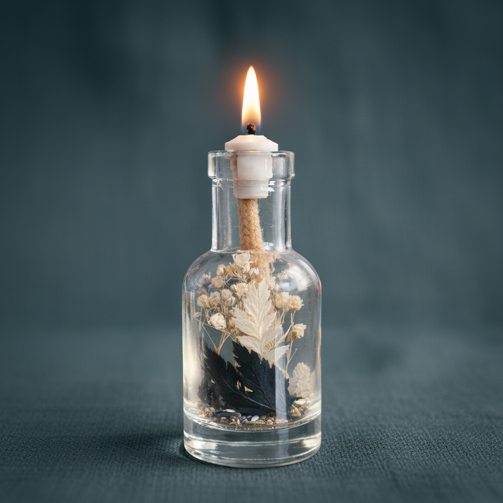 A Gemini zodiac oil candle in a clear glass vessel with embedded botanicals burns with a steady flame against a deep teal textured background. — for Carpe Diem Dream