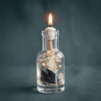 A Gemini zodiac oil candle in a clear glass vessel with embedded botanicals burns with a steady flame against a deep teal textured background. — for Carpe Diem Dream