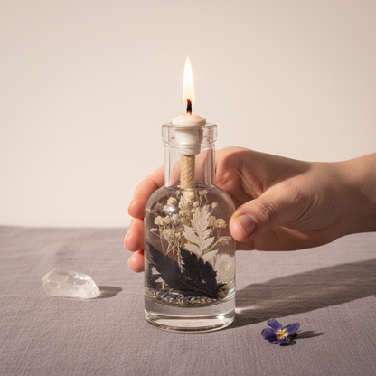 A hand holds a Gemini zodiac oil candle in a clear glass vessel with embedded botanicals burning with a steady flame on a soft linen surface beside a crystal and a small violet flower, showing scale. — for Carpe Diem Dream