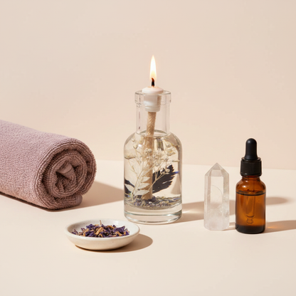 A Gemini zodiac oil candle in a clear glass vessel with embedded botanicals burns with a steady flame beside a rolled towel, crystal, amber dropper bottle, and dried botanicals on a warm neutral surface in a calm spa setting. — for Carpe Diem Dream
