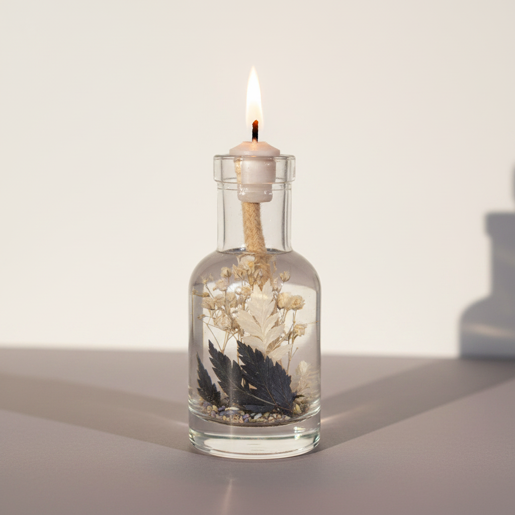 A Gemini zodiac oil candle in a clear glass vessel with embedded botanicals burns with a steady flame on a clean neutral surface with soft natural shadows. — for Carpe Diem Dream