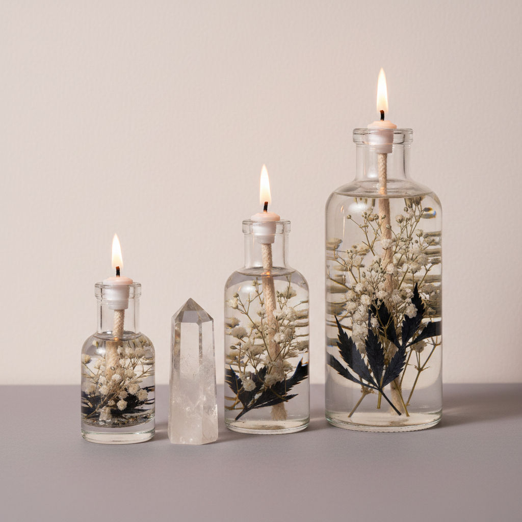 Three Gemini zodiac oil candles in different sizes are displayed in clear glass vessels with embedded botanicals beside a crystal point on a neutral surface, showing size variation. — for Carpe Diem Dream