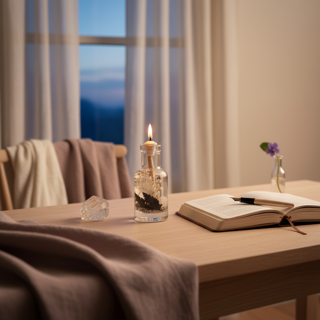 A Gemini zodiac oil candle in a clear glass vessel with embedded botanicals glows on a wooden table beside an open journal, crystal, and soft textiles near a softly lit window, evoking a calm and thoughtful evening atmosphere. — for Carpe Diem Dream