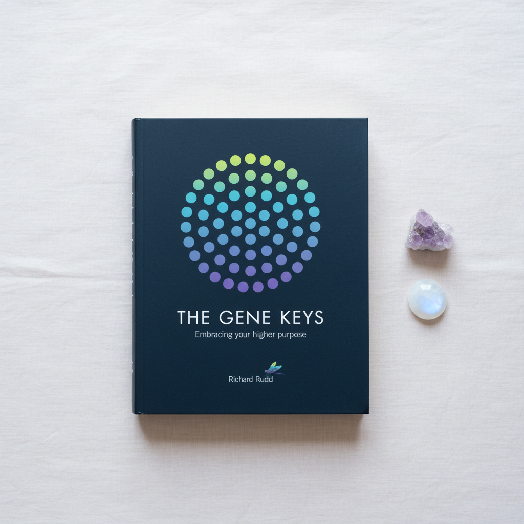 The Gene Keys: Embracing Your Higher Purpose by Richard Rudd displayed with amethyst and moonstone accents on a soft linen background. — for Carpe Diem Dream