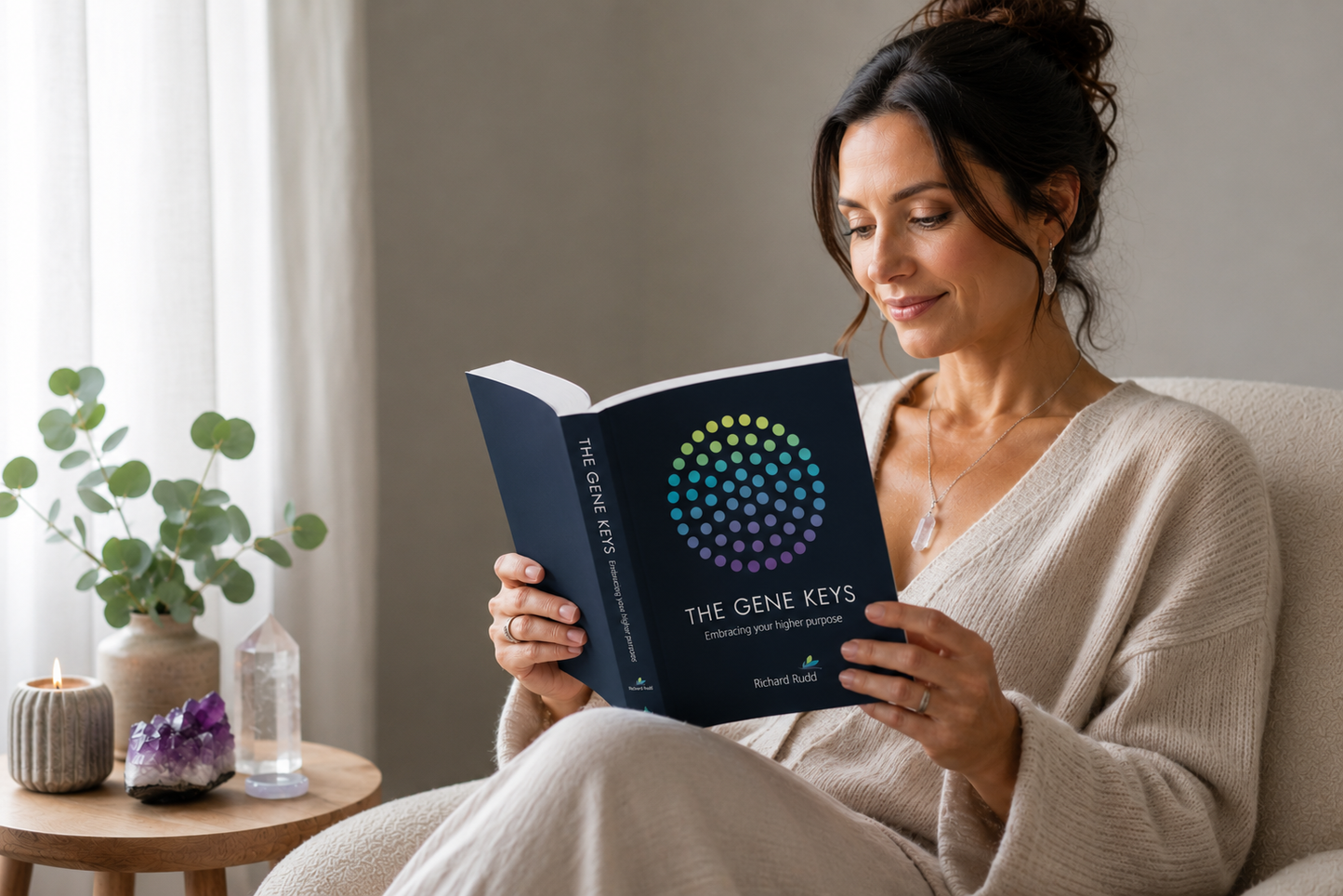 Woman reading The Gene Keys: Embracing Your Higher Purpose by Richard Rudd beside crystals and a candle in a peaceful reflective setting. — for Carpe Diem Dream