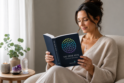 Woman reading The Gene Keys: Embracing Your Higher Purpose by Richard Rudd beside crystals and a candle in a peaceful reflective setting. — for Carpe Diem Dream