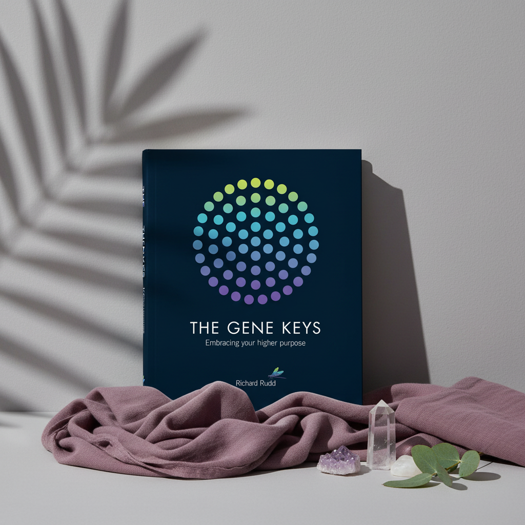 The Gene Keys: Embracing Your Higher Purpose by Richard Rudd displayed with crystals, greenery, and mauve linen in a studio botanical setting. — for Carpe Diem Dream