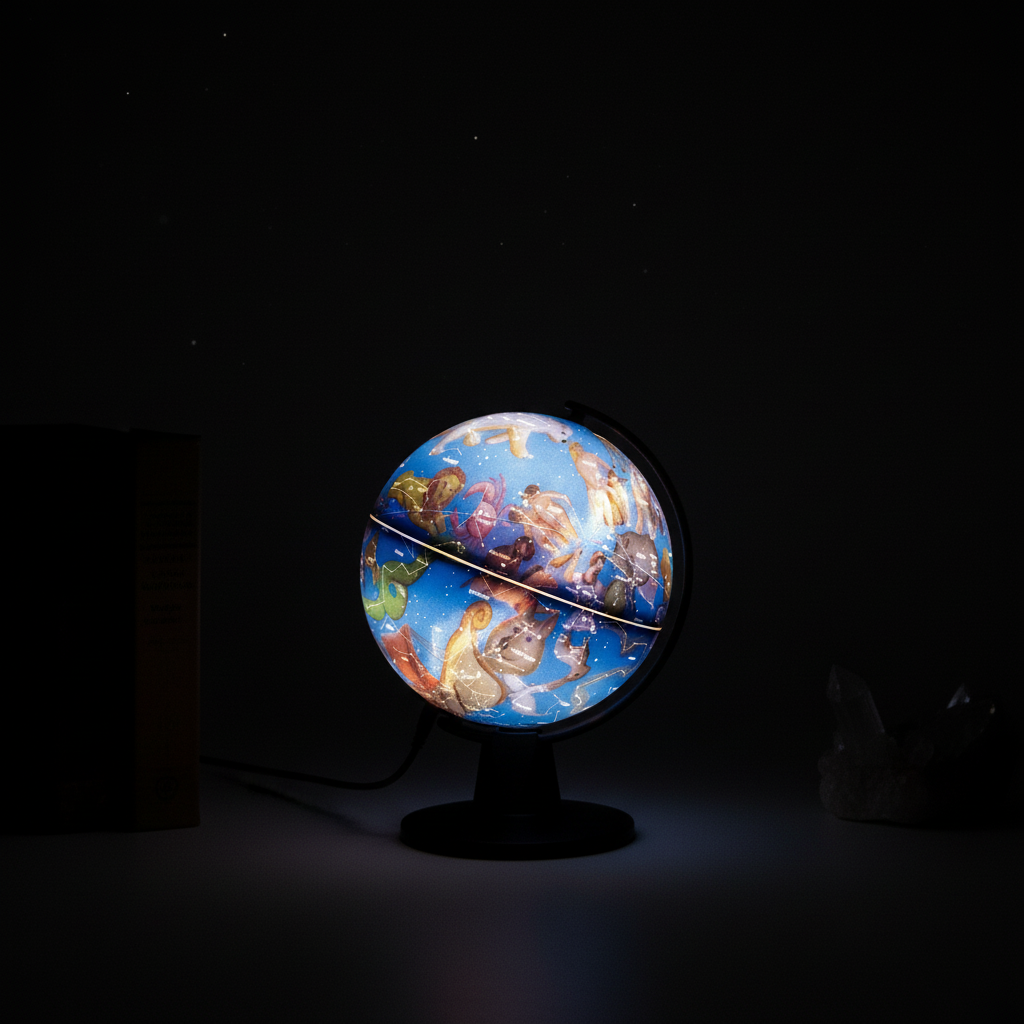 Illuminated six inch constellation globe displaying zodiac illustrations in a dark room with soft night glow — for Carpe Diem Dream