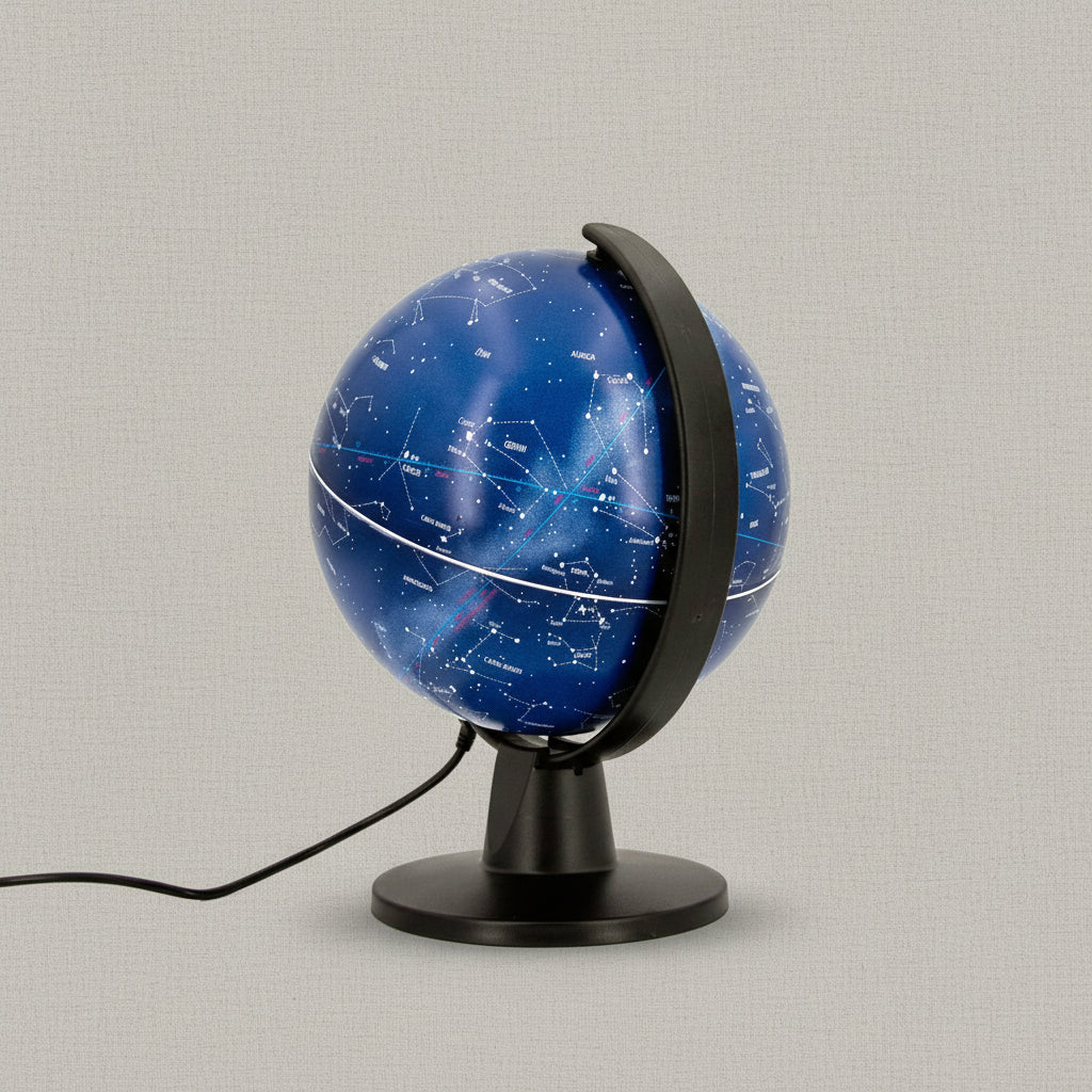 Six inch illuminated constellation globe displaying labeled zodiac star maps on a black stand with USB cord against a textured linen background — for Carpe Diem Dream