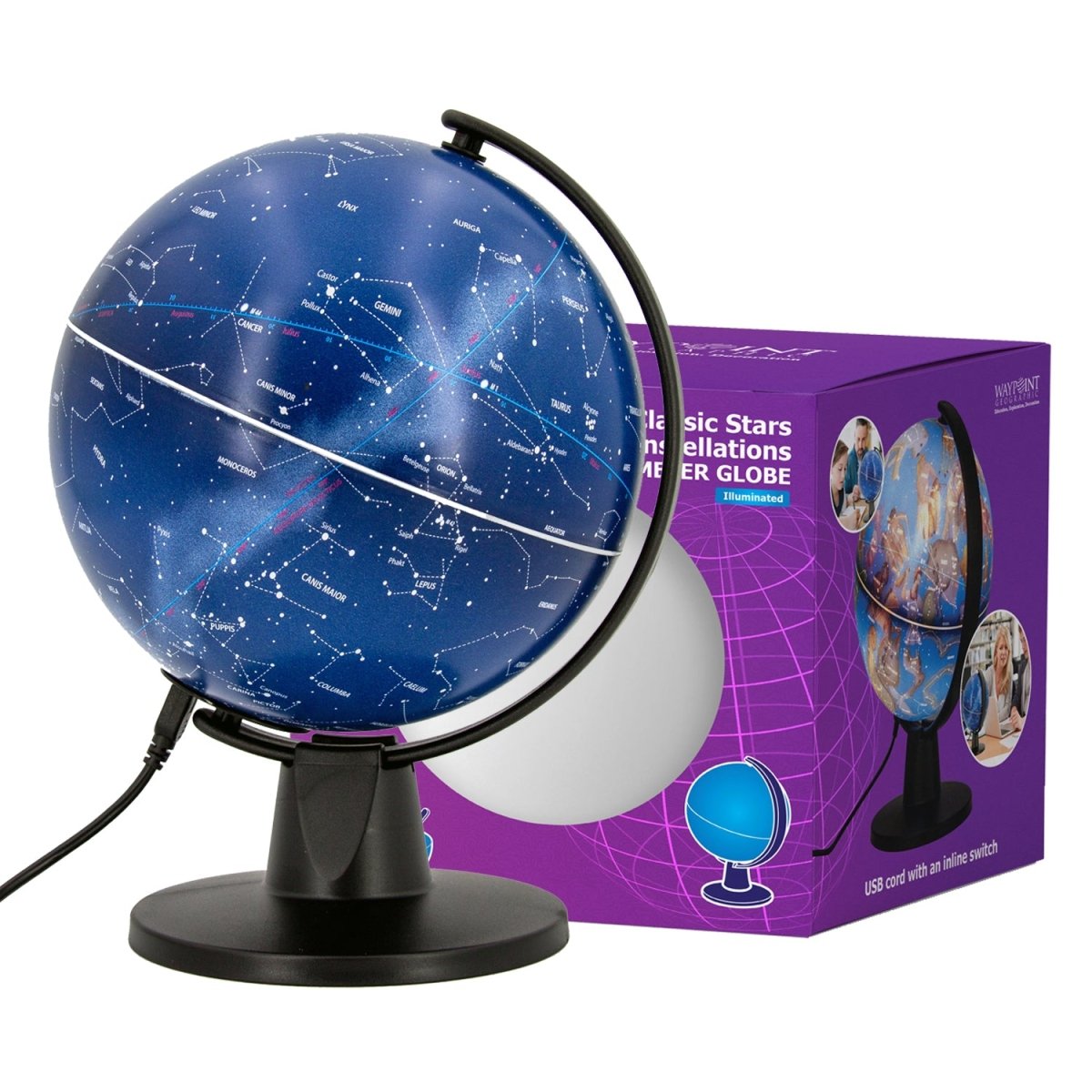 Six inch constellation globe displayed on black stand beside its retail box with USB cord visible — for Carpe Diem Dream