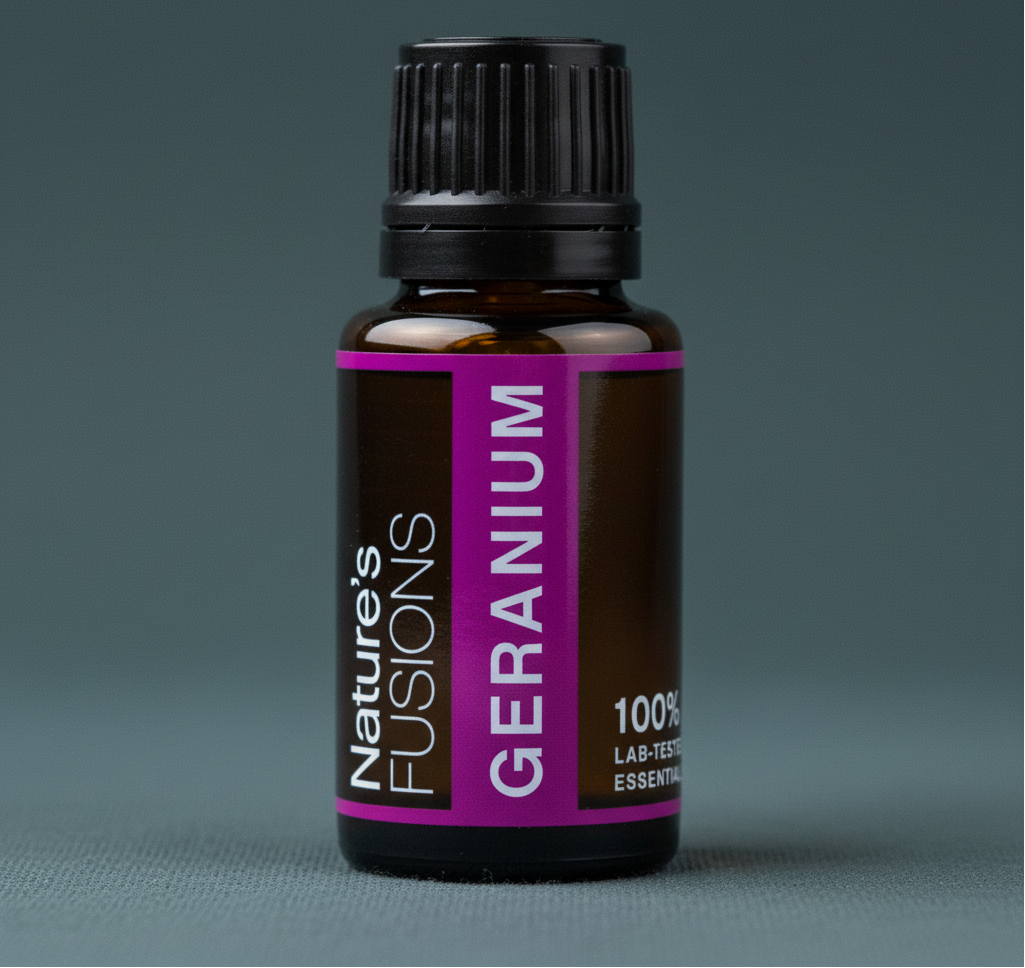 Close-up of a 15ml amber glass bottle of Geranium essential oil with a black cap and magenta label against a muted teal background. — for Carpe Diem Dream