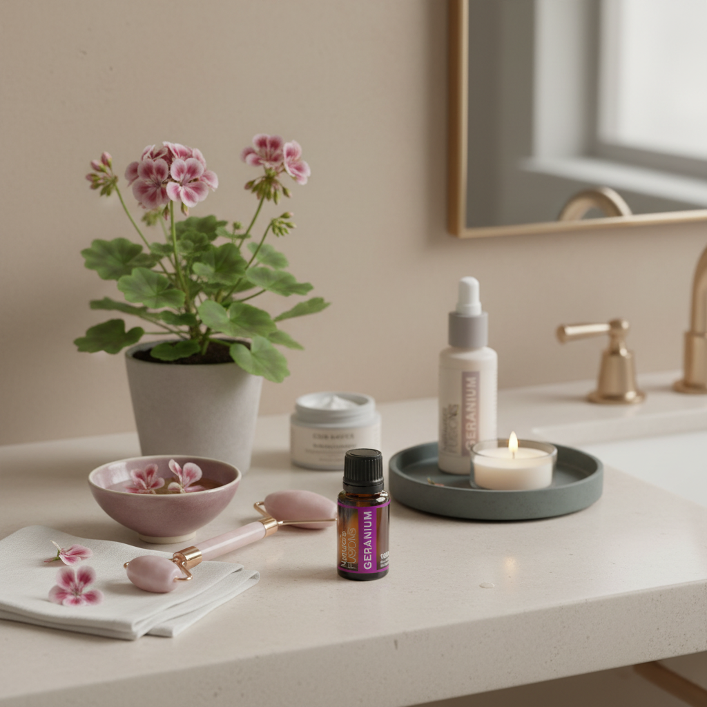 A 15ml bottle of Geranium essential oil displayed on a bathroom counter beside skincare products, a lit candle, pink flowers, and a potted geranium plant. — for Carpe Diem Dream