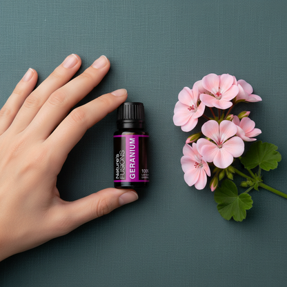 A hand placed beside a 15ml bottle of Geranium essential oil next to fresh pink geranium flowers on a muted teal background. — for Carpe Diem Dream