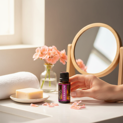 A 15ml bottle of Geranium essential oil displayed beside a mirror, folded towel, bar of soap, and pink flowers in a bright skincare setting. — for Carpe Diem Dream