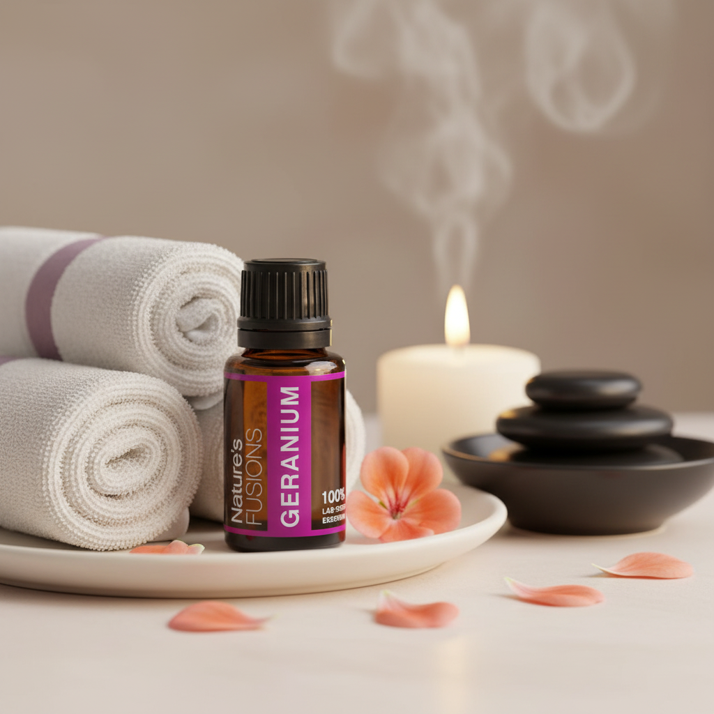A 15ml bottle of Geranium essential oil displayed beside rolled white towels, stacked stones, a lit candle, and pink flower petals in a spa setting. — for Carpe Diem Dream