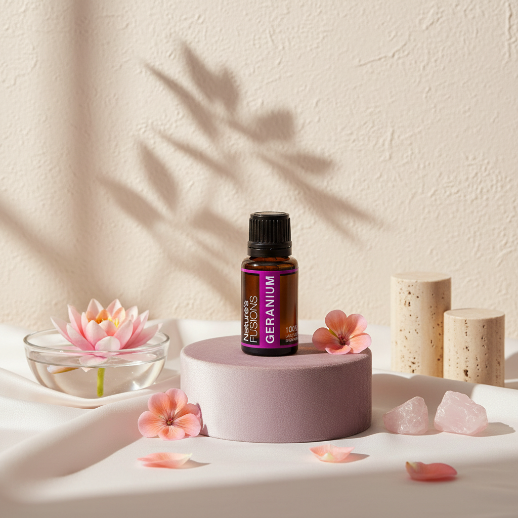 A 15ml bottle of Geranium essential oil displayed on a mauve pedestal beside pink flowers, a lotus bowl, and rose quartz crystals against a textured neutral backdrop. — for Carpe Diem Dream