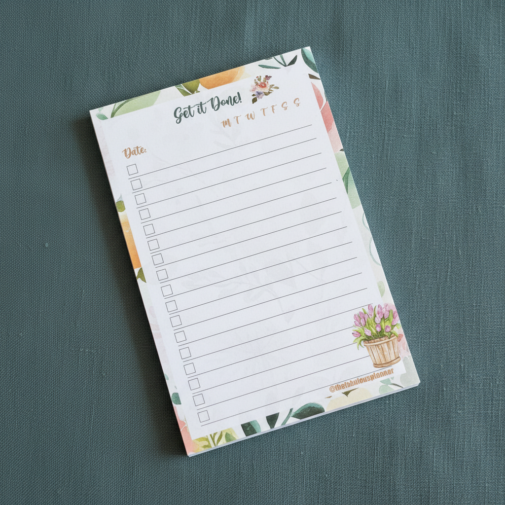 Angled view of a floral-themed 4x6 checklist sticky notepad with “Get it Done” header displayed on a textured muted teal surface. — for Carpe Diem Dream