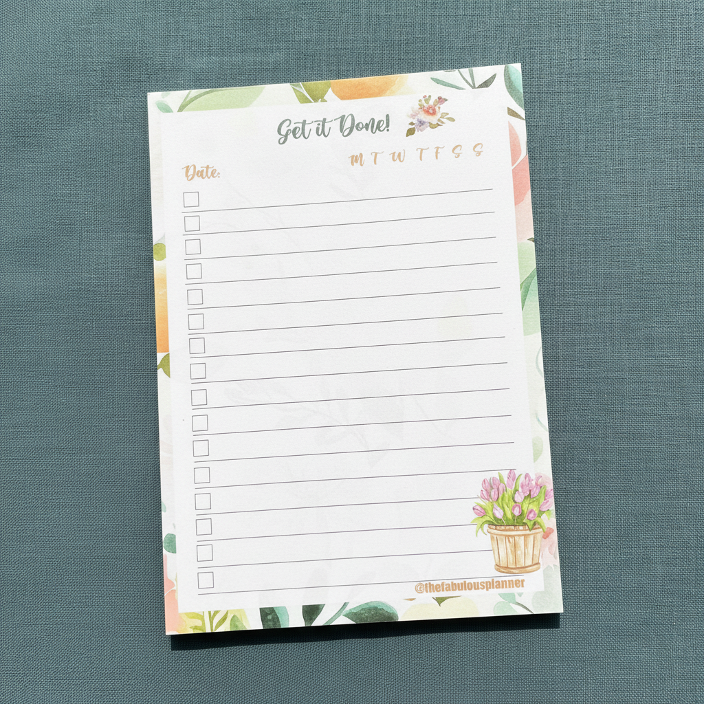 Floral-themed 4x6 checklist sticky notepad with “Get it Done” header displayed upright on a textured muted teal surface. — for Carpe Diem Dream