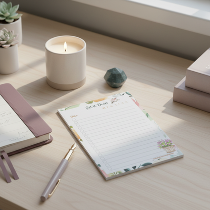 Floral-themed 4x6 checklist sticky notepad with “Get it Done” header resting on a light wood desk beside a journal, candle, pen, and green crystal in soft morning light. — for Carpe Diem Dream
