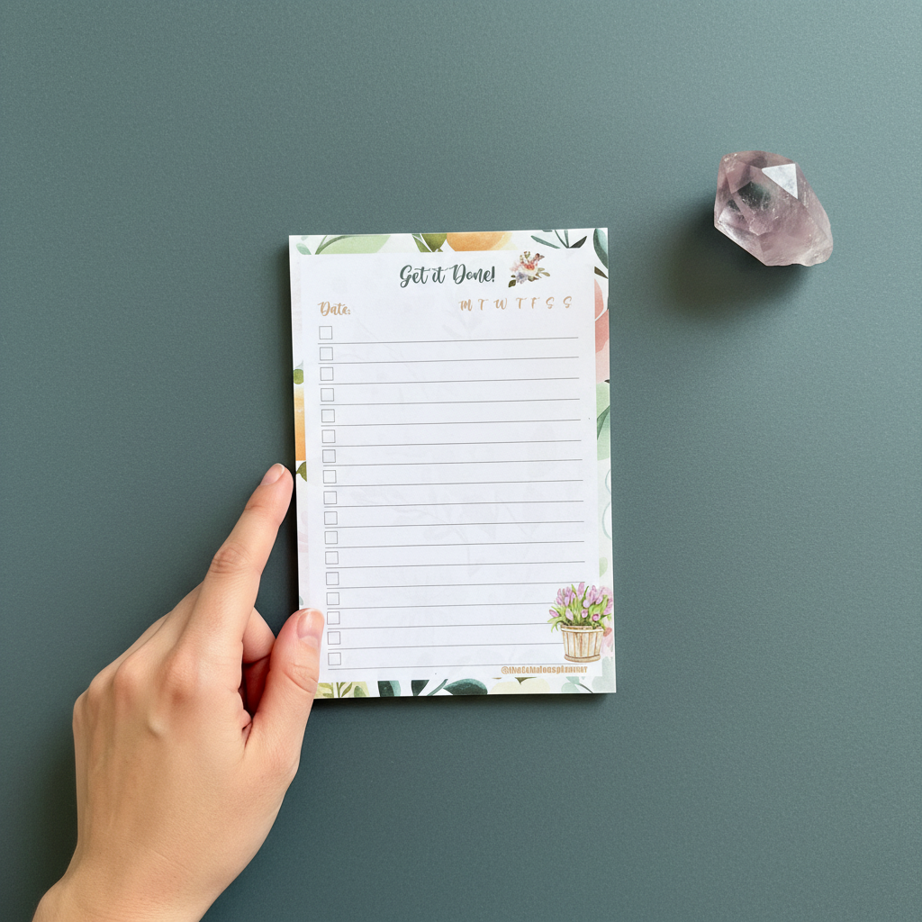 Floral-themed 4x6 checklist sticky notepad with “Get it Done” header shown on a muted teal surface with a hand holding it and a pink crystal nearby. — for Carpe Diem Dream