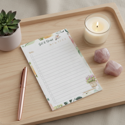 Floral-themed 4x6 checklist sticky notepad with “Get it Done” header resting on a wooden tray beside a candle, rose quartz crystals, and a pen in soft natural light. — for Carpe Diem Dream