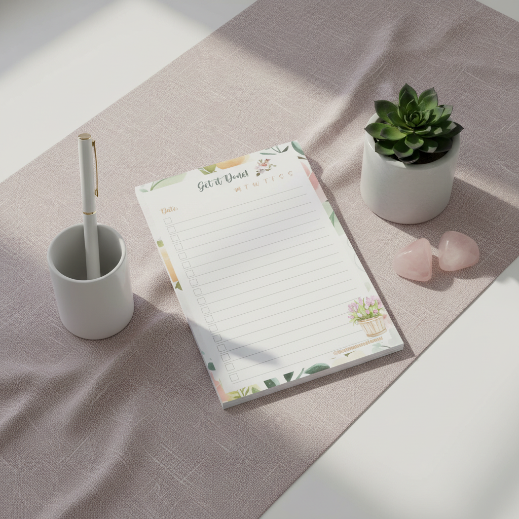 Floral-themed 4x6 checklist sticky notepad with “Get it Done” header displayed on mauve fabric beside a white pen holder, small succulent, and pink crystals. — for Carpe Diem Dream
