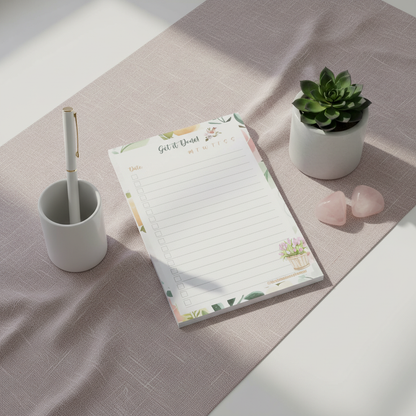 Floral-themed 4x6 checklist sticky notepad with “Get it Done” header displayed on mauve fabric beside a white pen holder, small succulent, and pink crystals. — for Carpe Diem Dream