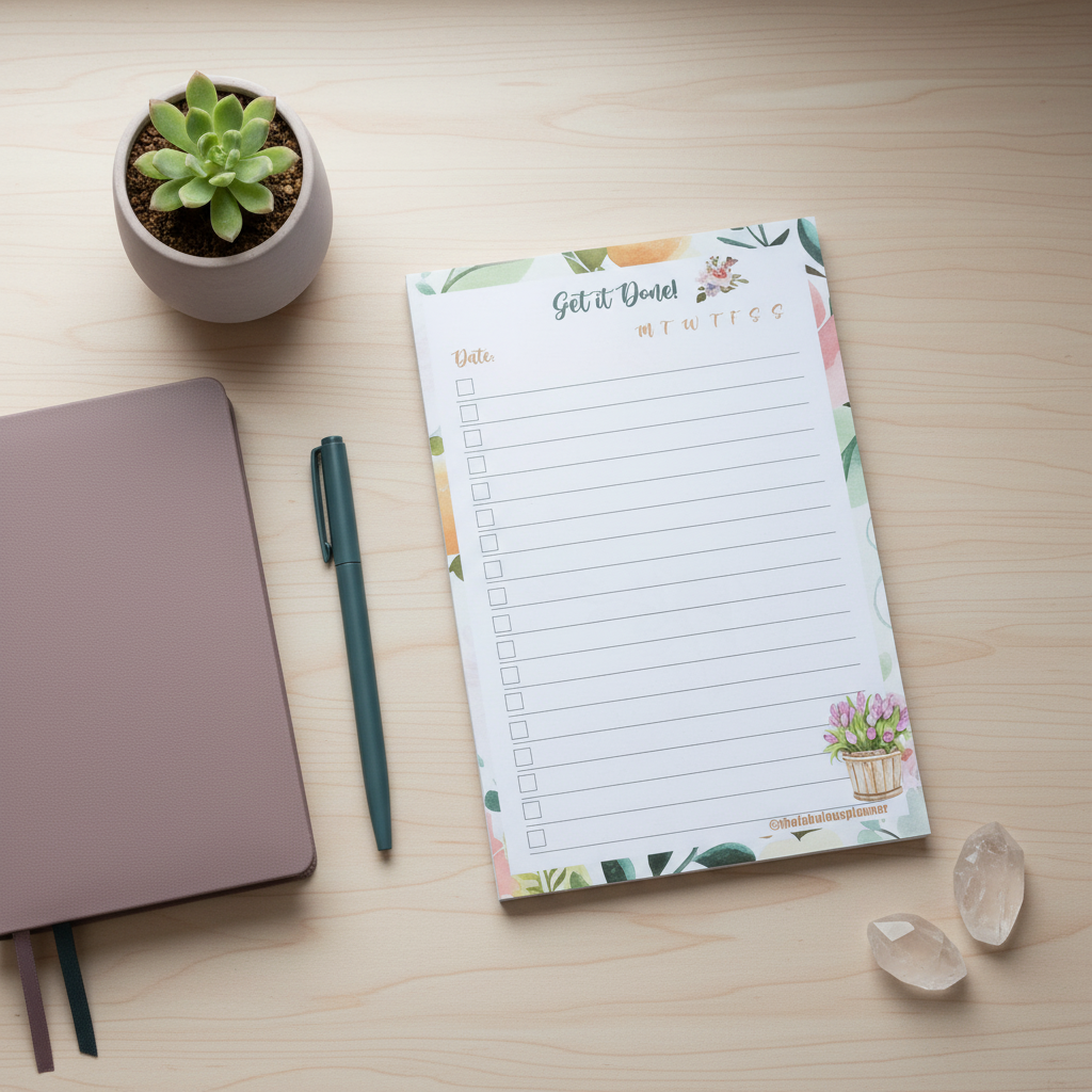 Overhead flat lay of a floral-themed 4x6 checklist sticky notepad with “Get it Done” header on a light wood desk beside a mauve notebook, green pen, succulent, and clear crystals. — for Carpe Diem Dream