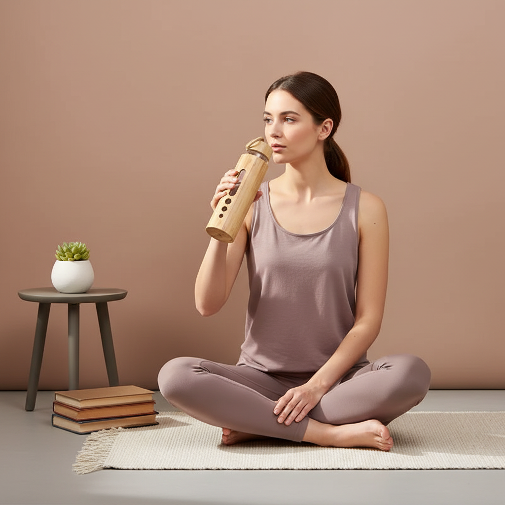 A bamboo glass water bottle with a window sleeve held by a seated person drinking during a calm indoor moment. — for Carpe Diem Dream