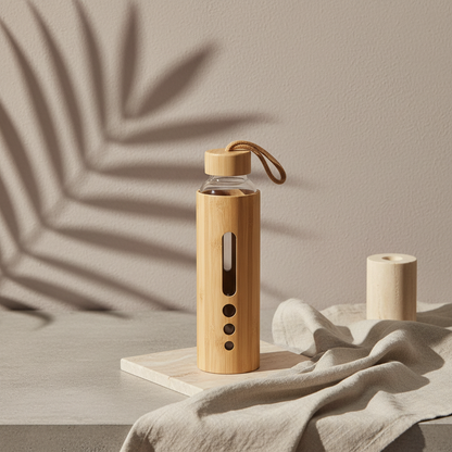 A bamboo glass water bottle with a window sleeve and loop lid displayed on a neutral surface with soft fabric and botanical shadow styling. — for Carpe Diem Dream