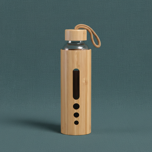 A bamboo glass water bottle with a vertical window sleeve and loop lid displayed upright on a muted teal linen background with soft natural lighting. — for Carpe Diem Dream